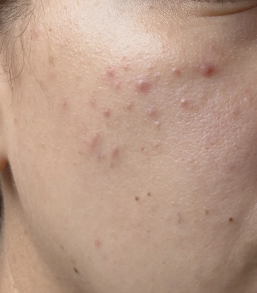 Piel con brotes hormonales antes de seguir las recomendaciones de AyurSkin