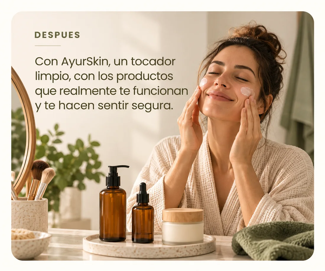 Después, con AyurSkin: un tocador limpio, con los productos que realmente te funcionan y te hacen sentir segura